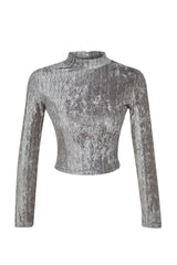 Grey Pleated Velvet Scoop Neck Regular/regular Pattern Long Sleeve Crop Knitted Blouse Twoaw24bz0025