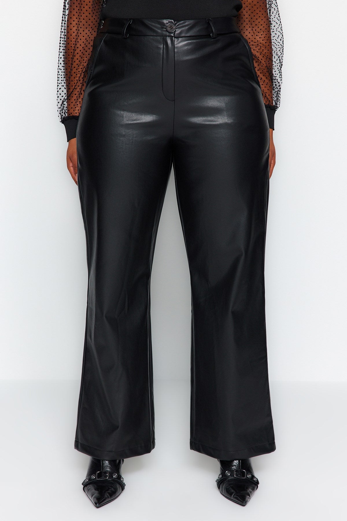 Black Wide Cut Faux Leather Woven Pants Tbbaw24ar00004