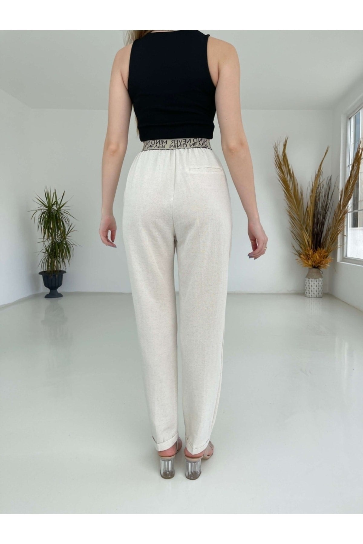 Elastic Linen Pants With Stone Back 50827