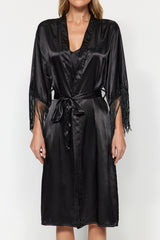 Black Satin Tassel Detailed Woven Dressing Gown Thmaw24sb00008