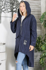 Italian Black Long Sleeve Zipper Double Pockets Raincoat Hooded Back Long Woven Trench Coat M1021060