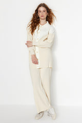 Light Beige Color Block Ribbed Cardigan-pants Knitwear Bottom-top Suit Tctaw24us00090