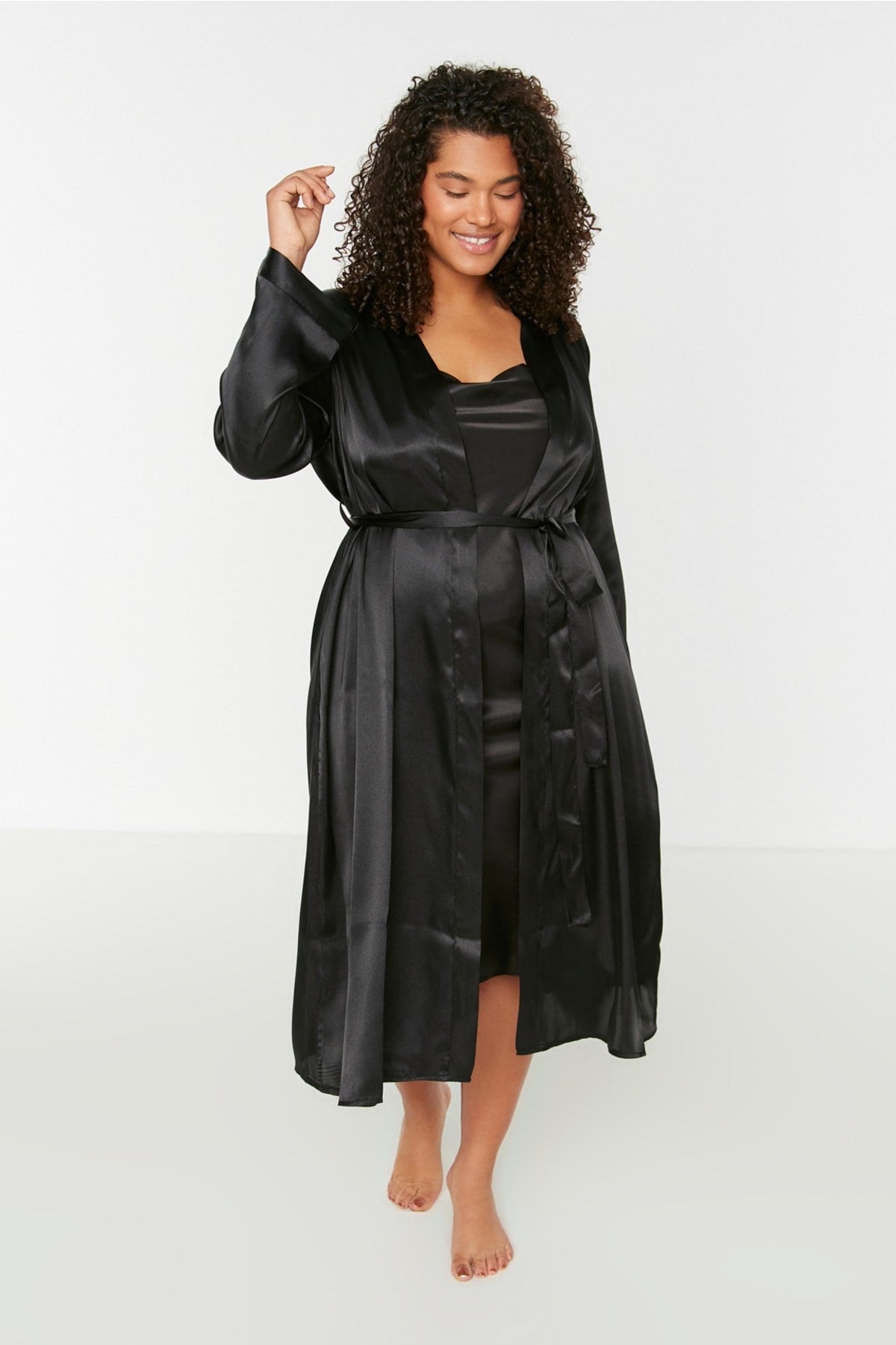 Black Kimono -nightgown Satin 2-piece Set Tbbss22sb00000