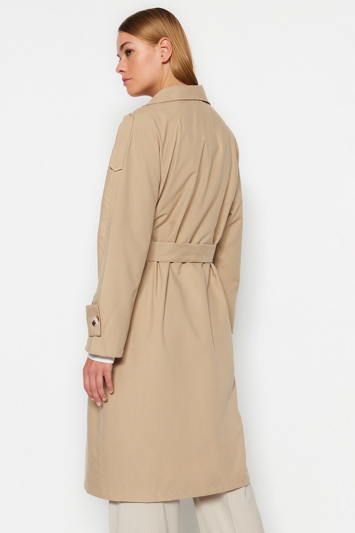 Dark Beige Belted Button Detailed Trench Coat Tctaw24cl00006