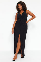 Black Straight Shift Midi Knitted Plus Size Dress Tbbaw24ah00095