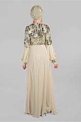 Women's Beige Sequin Sleeves Balloon Evening Dress 63393 19yablt63393