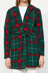 Green Plaid Pattern Hooded Fleece Knitted Dressing Gown Thmaw24sb00020