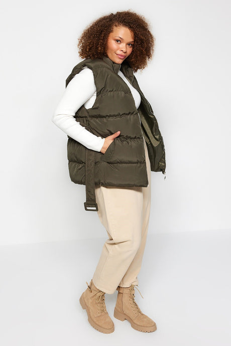 Khaki Waist Belt Detailed Quilted Vest Tbbaw24bh00001