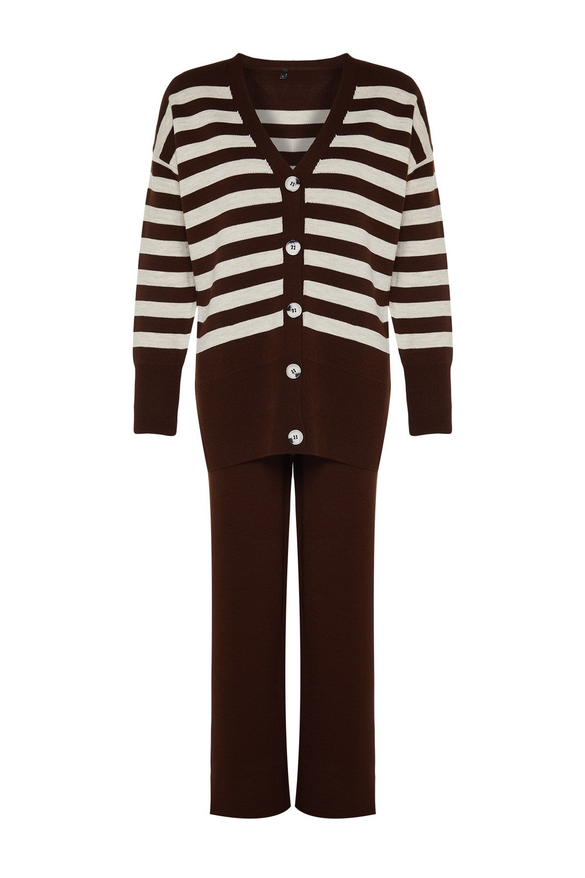 Beige Button Detailed Jacquard Striped Cardigan Pants Knitwear Bottom-top Suit Tctaw24us00054