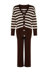 Beige Button Detailed Jacquard Striped Cardigan Pants Knitwear Bottom-top Suit Tctaw24us00054