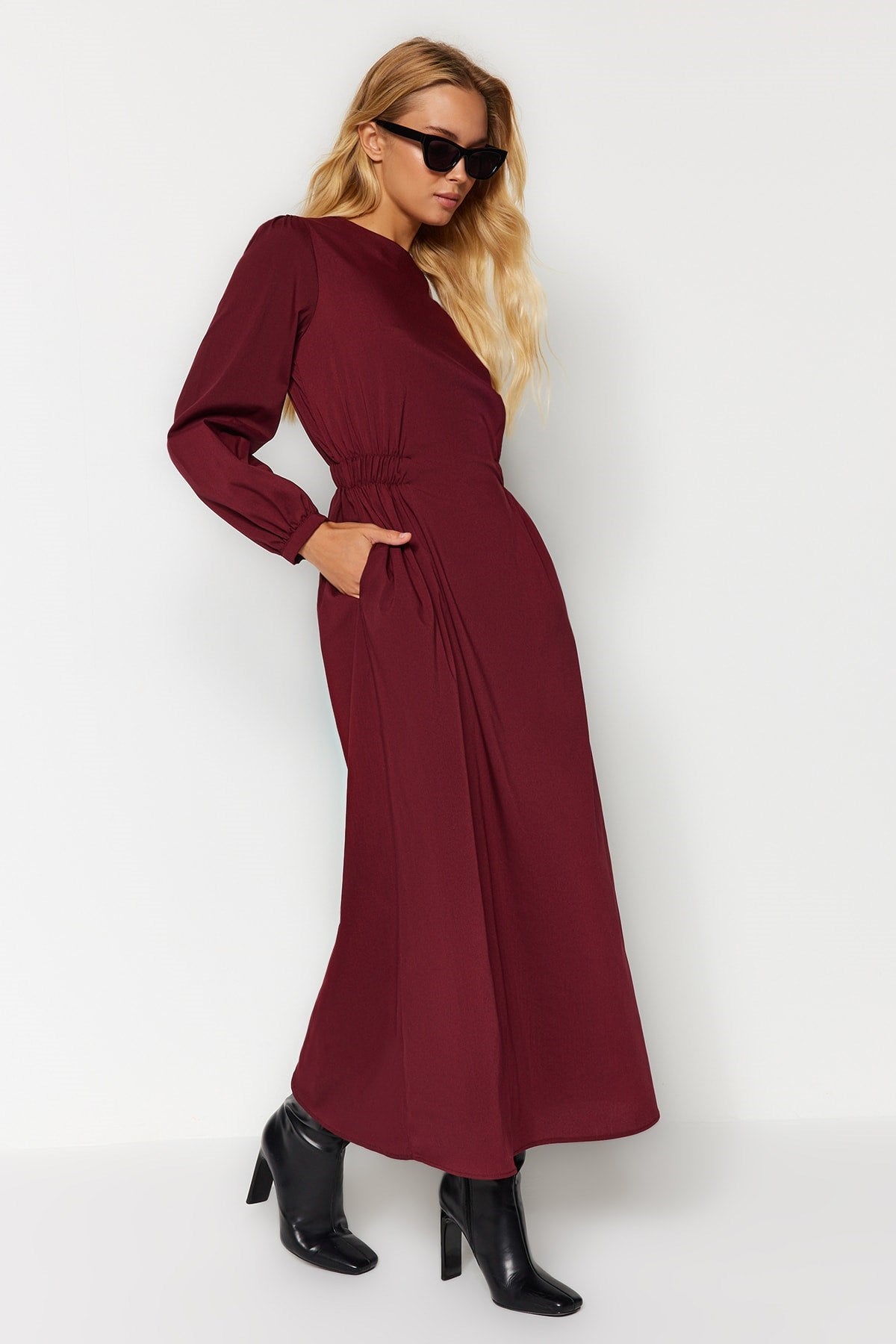 Burgundy Waist Detailed Woven Dress Tctaw24eb00093