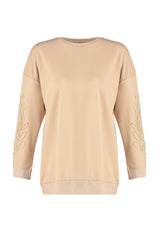 Camel Casual Cut Sleeves Embroidered Knitted Sweatshirt Tctaw24tw00009