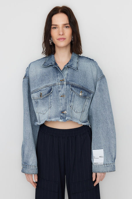 Blue Crop Denim Jacket Tclss23ce00003