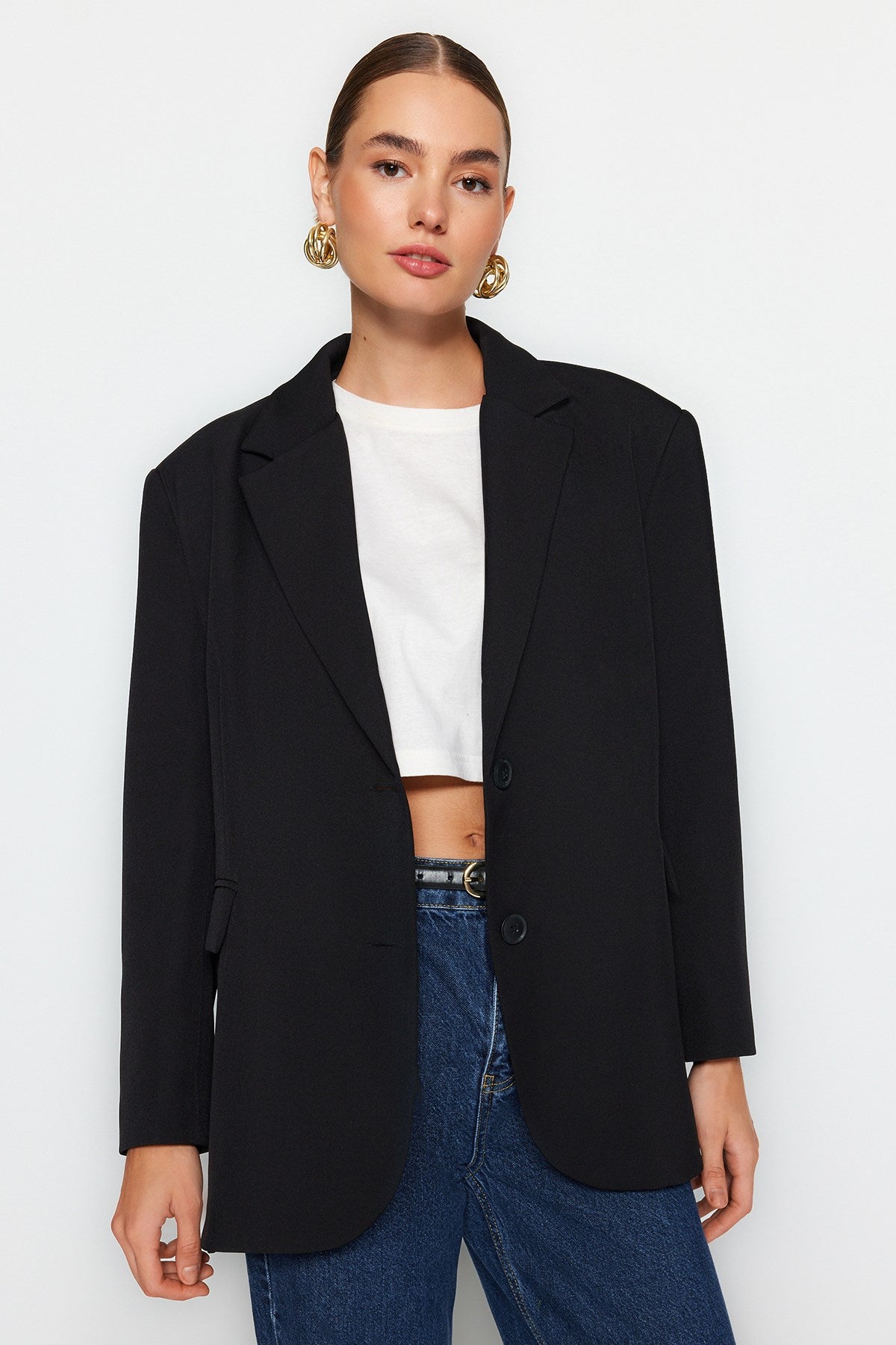 Black Woven Extra Oversize Blazer Jacket Twoaw24bc00107