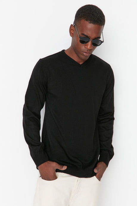 Black Mens Slim Fit V Neck Basic Sweater Tmnaw21kz0757