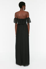 Black Lace Detailed Long Night Evening Dress Tprss22ae0056