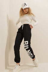 Women's Black Elastic Waist And Leg Post Printed Two Thread Tracksuit Pants Alc-x7914