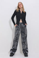 Women's Black Waist Elastic Batik Pattern Metallic Palazzo Pants Alc-x11409