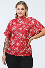 Floral Print Pleated Blouse With Stand Collar - Red Tyc00624854290