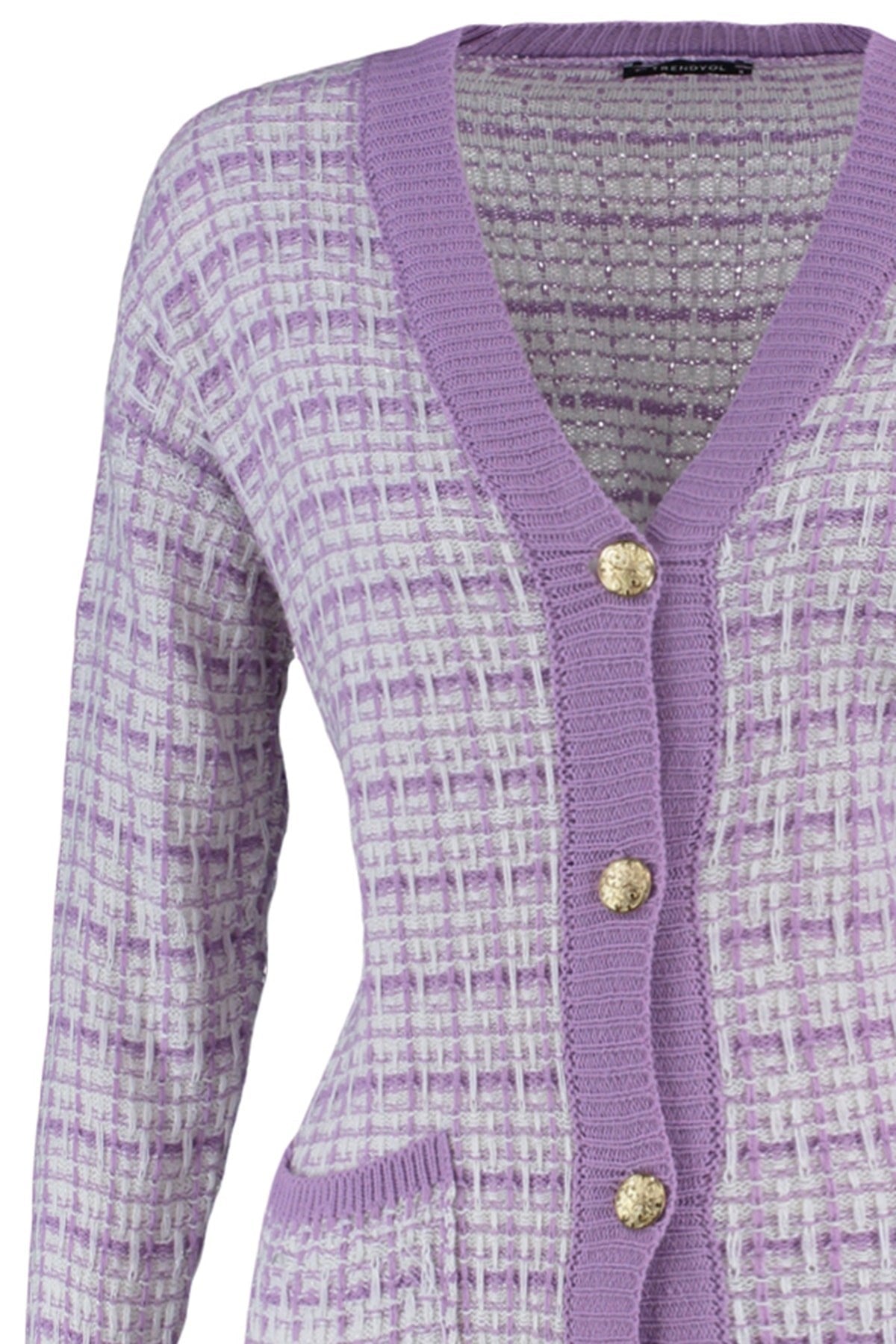 Lilac Wide Pattern Tweed Look Silvery Knit Cardigan Twoaw21hi0250