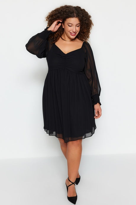 Black Plain A-line Mini Woven Plus Size Dress Tbbaw24ah00076