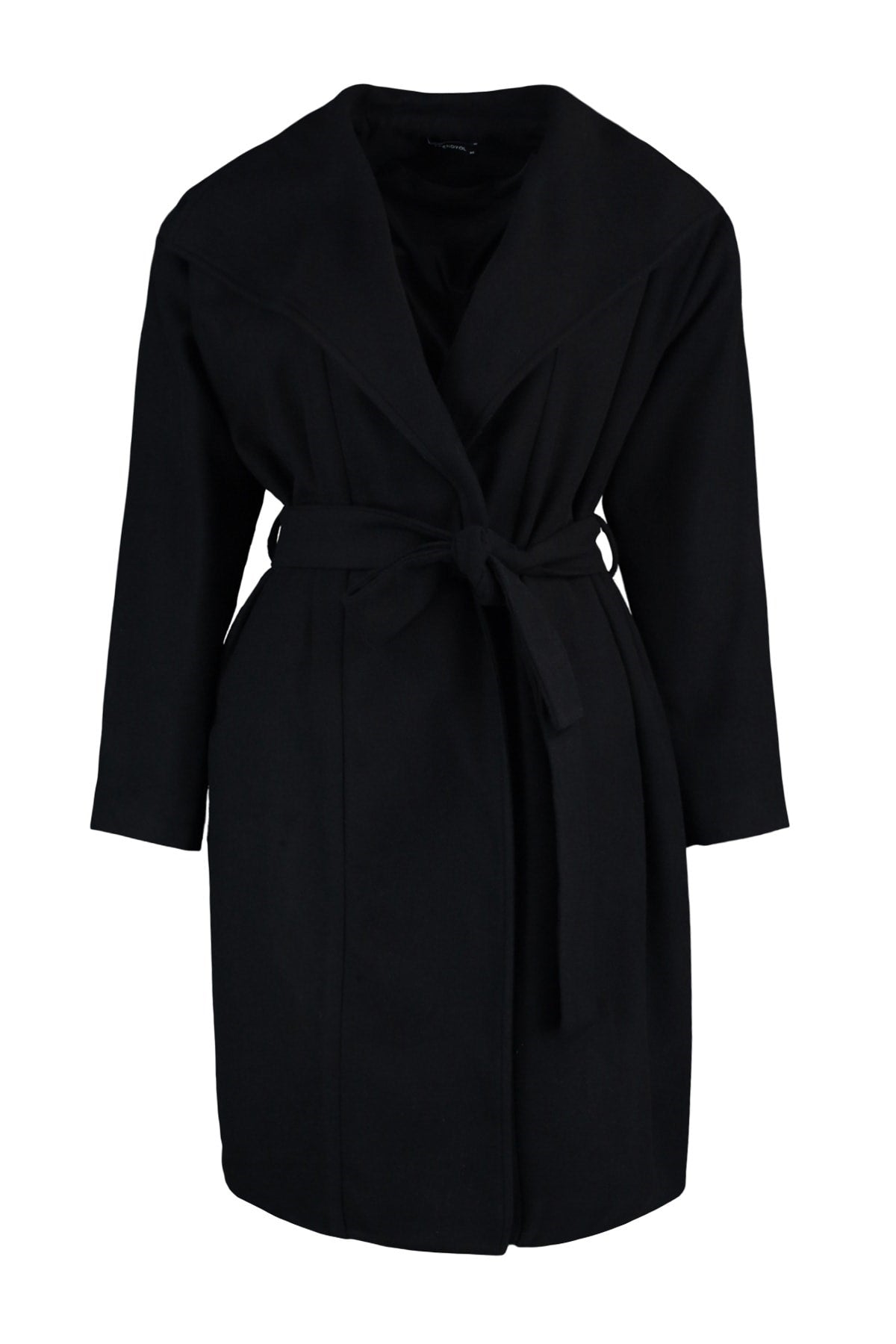 Black Belted Wide Collar Oversize Cashmere Coat Tbbaw23kb00001