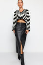 Black Slit Faux Leather High Waist Maxi Knitted Skirt Twoaw24et00198