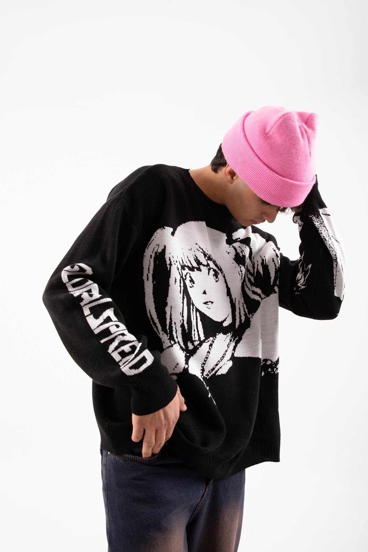 Anime Printed Black Knitwear Sweater Flaw-097-007-009