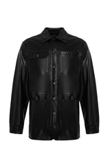 Limited Edition Black Mens Regular Fit Pu Jacket Shirt Tmnaw24ce00001