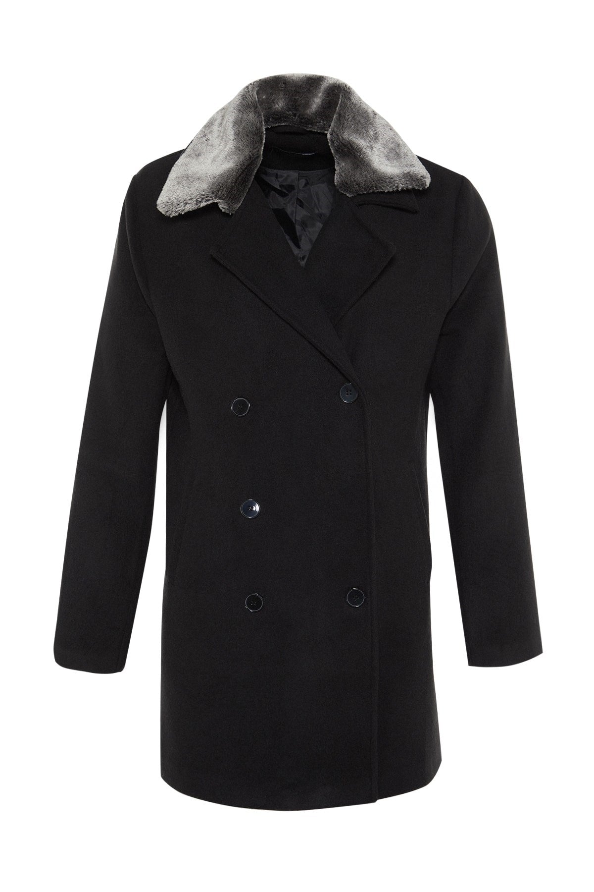 Black Men's Regular Fit Fur Collar Coat Tmnaw21kb0063