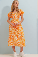 Women's Orange V Neck Princess Sleeve Waist Neckline Floral Pattern Midiboy Poplin Dress Alc-x8579