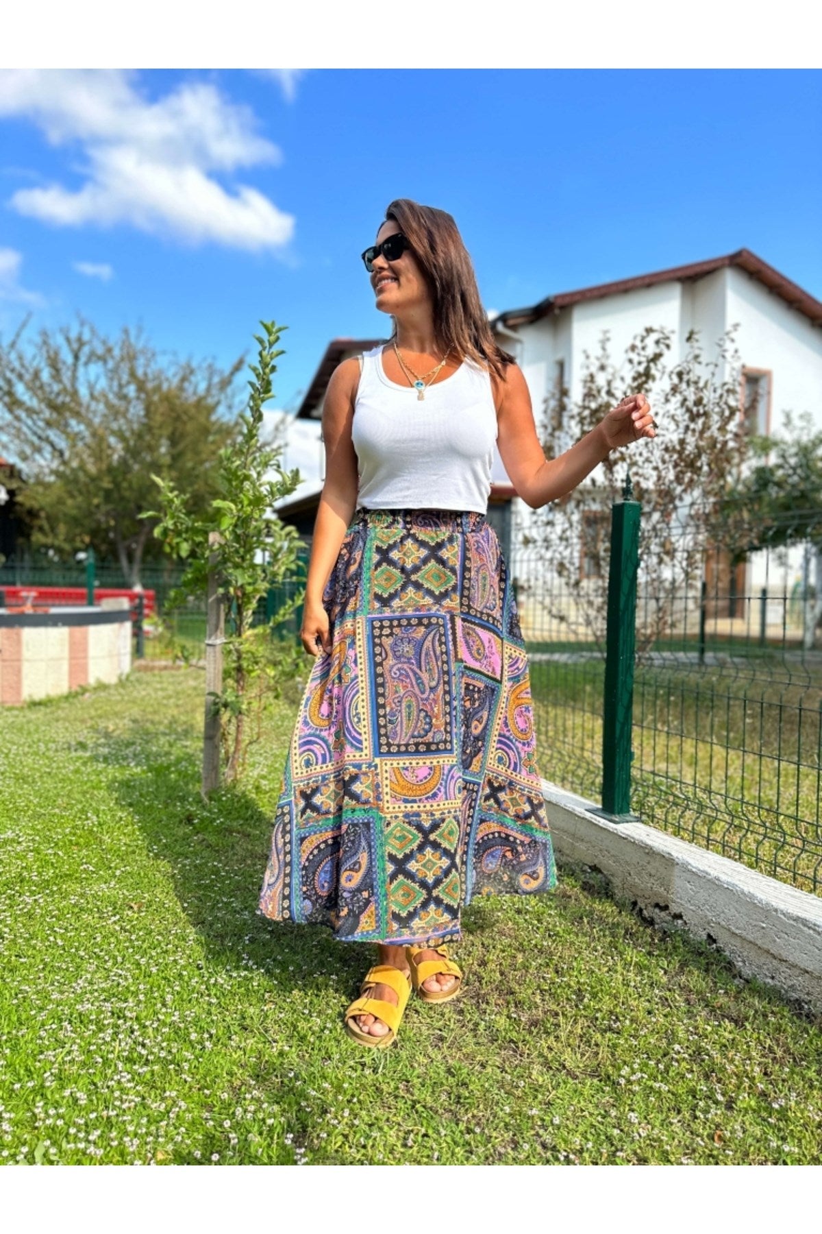 Ethnic Pattern Flared Skirt With Elastic Waist 1207