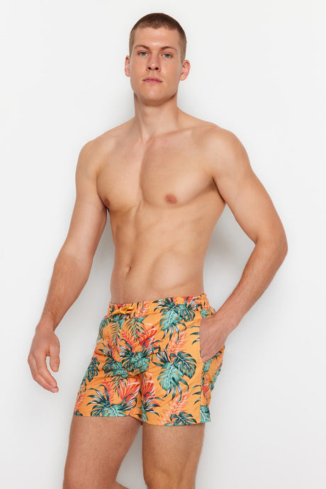 Orange Mens Standard Size Tropical Printed Swimsuit Marine Shorts Tmnss23ds00020