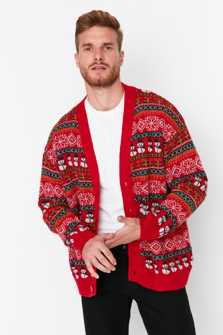 Multicolor Mens Oversize Fit Wide Pattern Christmas Knitwear Cardigan Tmnaw23hi00043