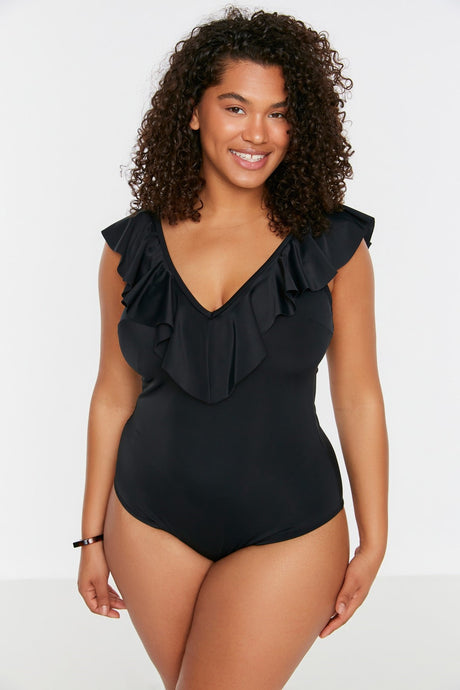 Black Ruffle Detailed Swimsuit Tbbss22ma0299