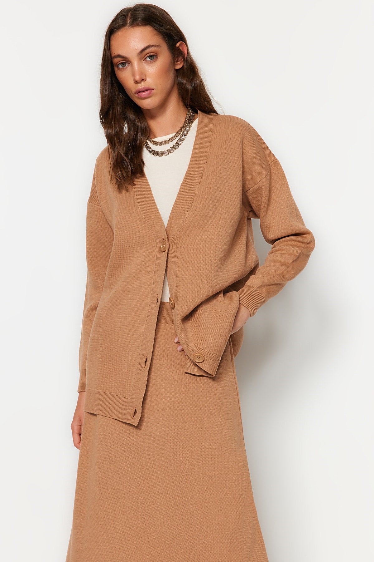 Camel Cardigan-skirt Knitwear Set Tctaw24us00005