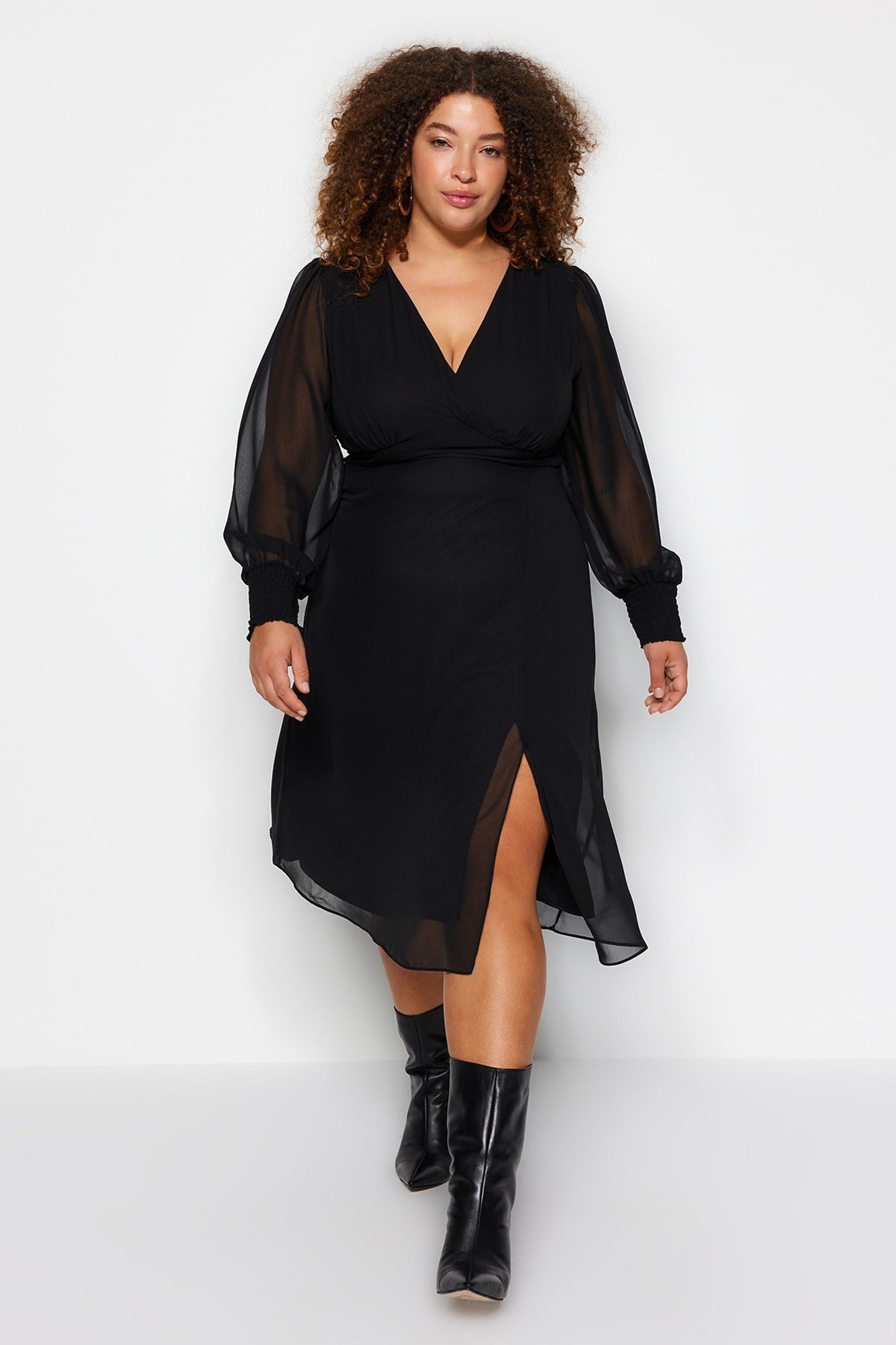 Black Slit Detailed A-line Woven Dress Tbbaw24ah00040