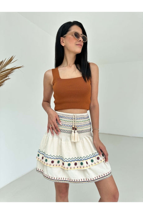 Stone Waist Draped Embroidered Skirt 7111