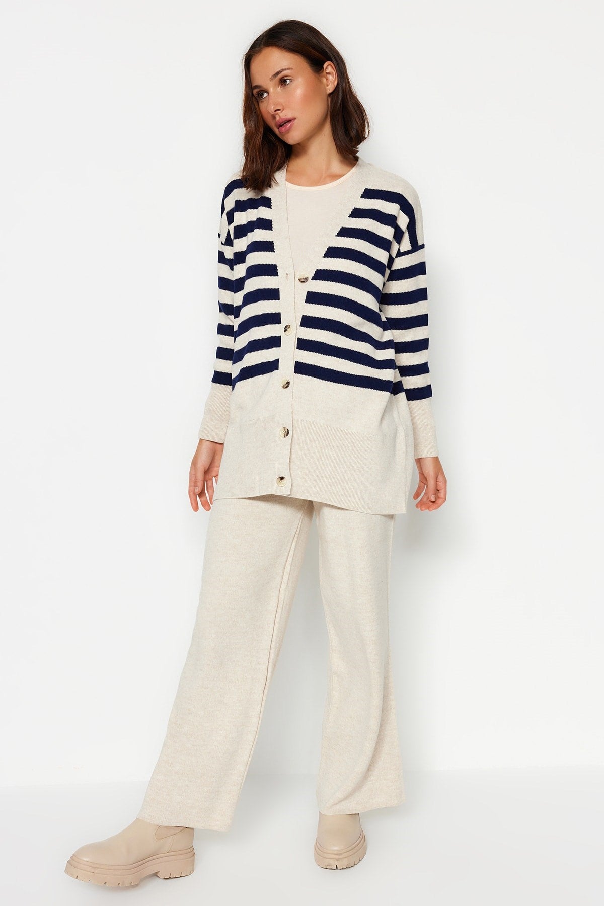 Beige Button Detailed Jacquard Striped Cardigan Pants Knitwear Bottom-top Suit Tctaw24us00054